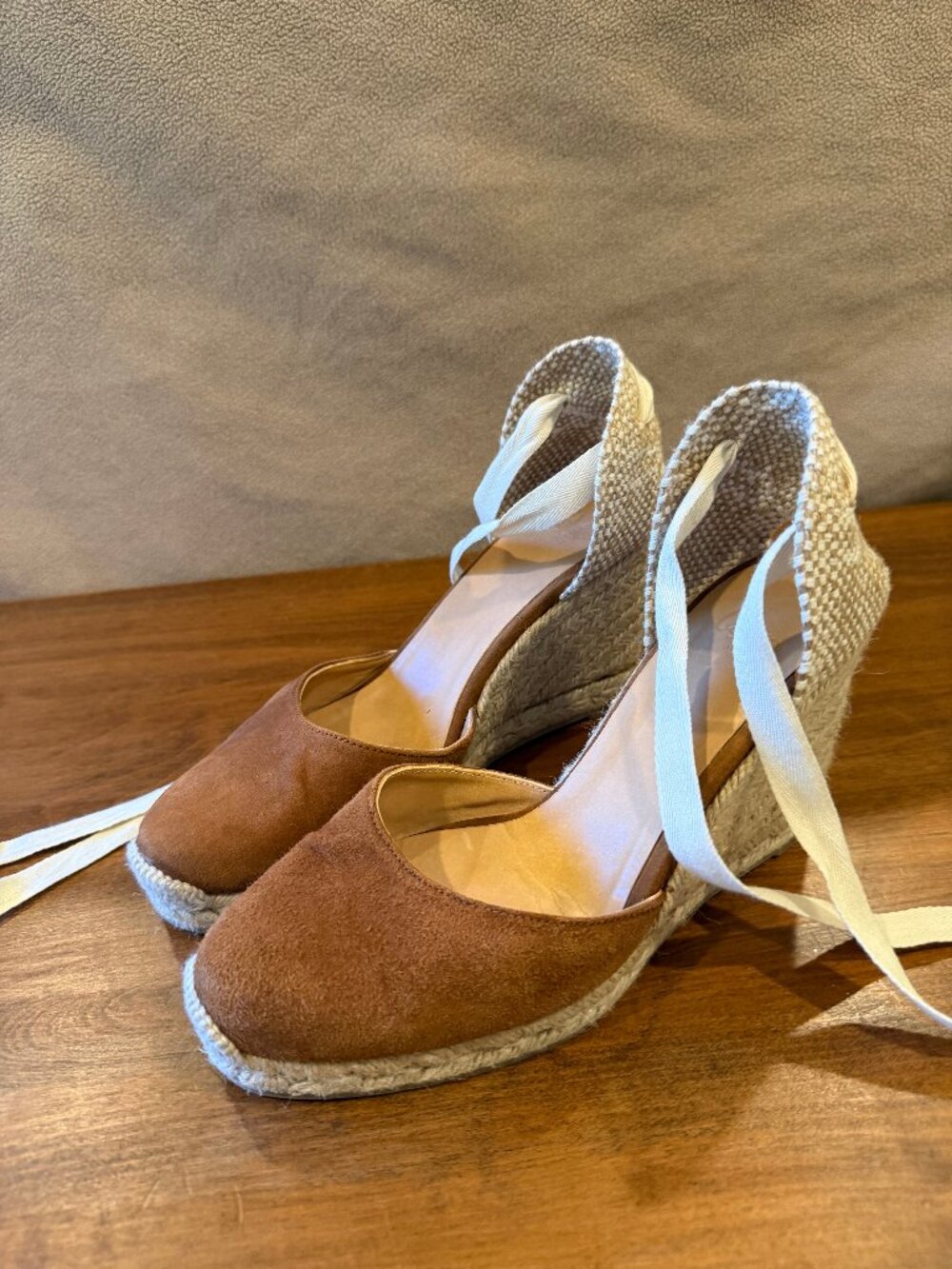 Women’s Tan Espadrille Wedge Sandals with Wrap Ankle Ties